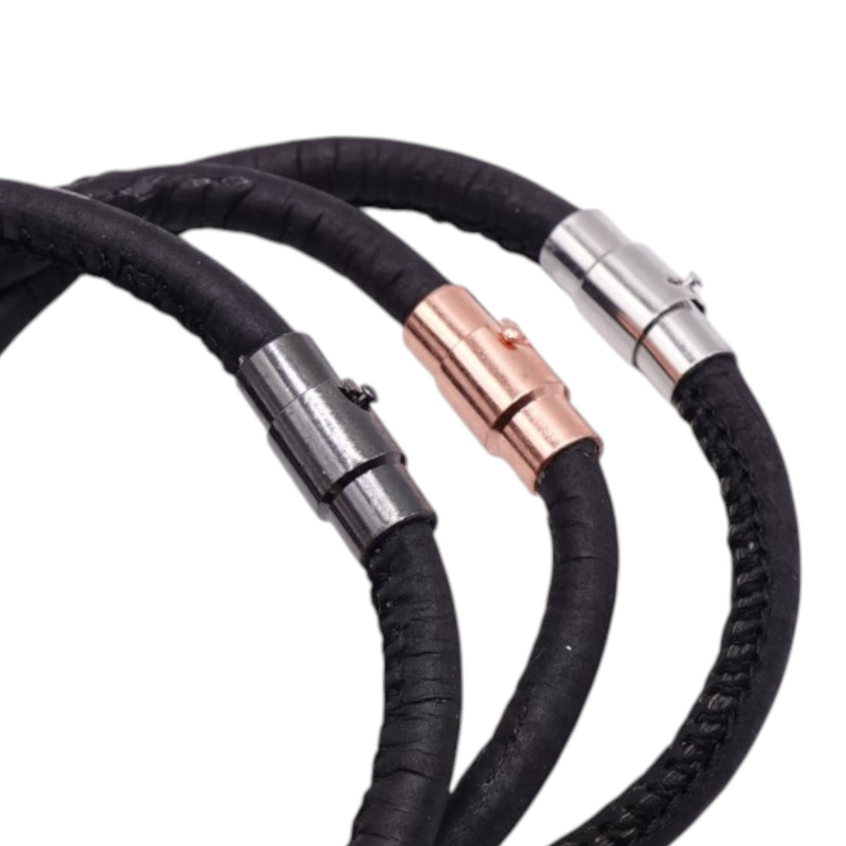 Clasp finish options comparison including Silver, Rose, and Gunmetal for the black cork bracelet by Every Soul Counts.