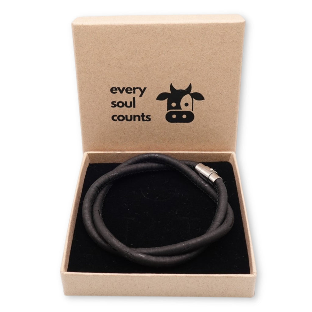 Handcrafted unisex black cork bracelet presented in an Every Soul Counts signature gift box, ready for gifting.