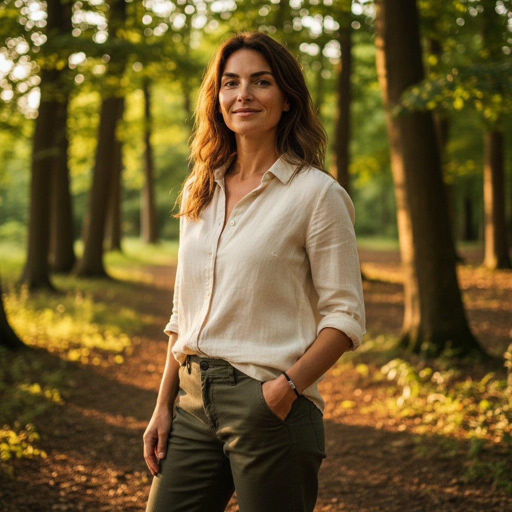 A brunette woman wearing a handcrafted black cork bracelet while standing in a green forest setting, showcasing unisex adult outdoor style by Every Soul Counts.