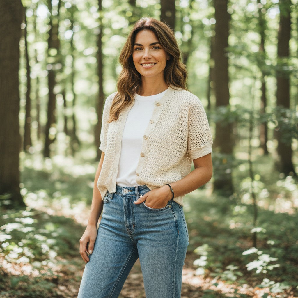 A brunette woman wearing a handcrafted black cork bracelet while standing in a green forest setting, showcasing unisex adult outdoor style by Every Soul Counts.