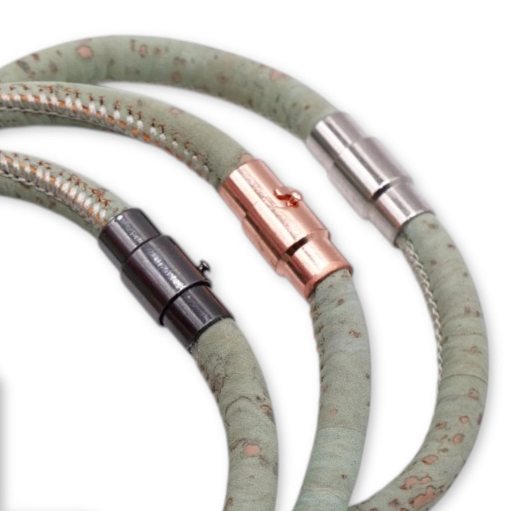 Clasp finish options comparison including Silver, Rose, and Gunmetal for the meadow green cork bracelet by Every Soul Counts.