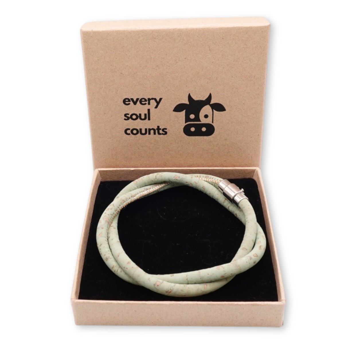 Handcrafted unisex meadow green cork bracelet presented in an Every Soul Counts signature gift box, ready for gifting.