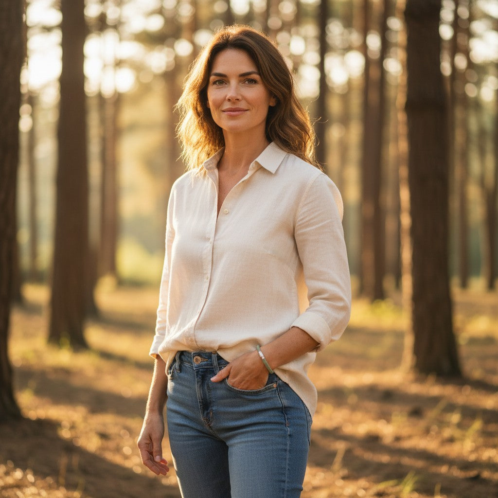 A brunette woman wearing a handcrafted meadow green cork bracelet while standing in a green forest setting, showcasing unisex adult outdoor style by Every Soul Counts.