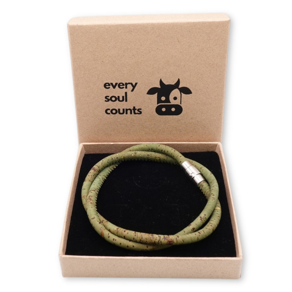 Handcrafted unisex sage green cork bracelet presented in an Every Soul Counts signature gift box, ready for gifting.