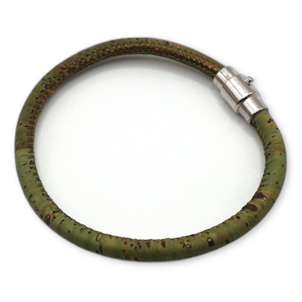 Handcrafted unisex sage green cork single loop bracelet with silver clasp for adults by Every Soul Counts