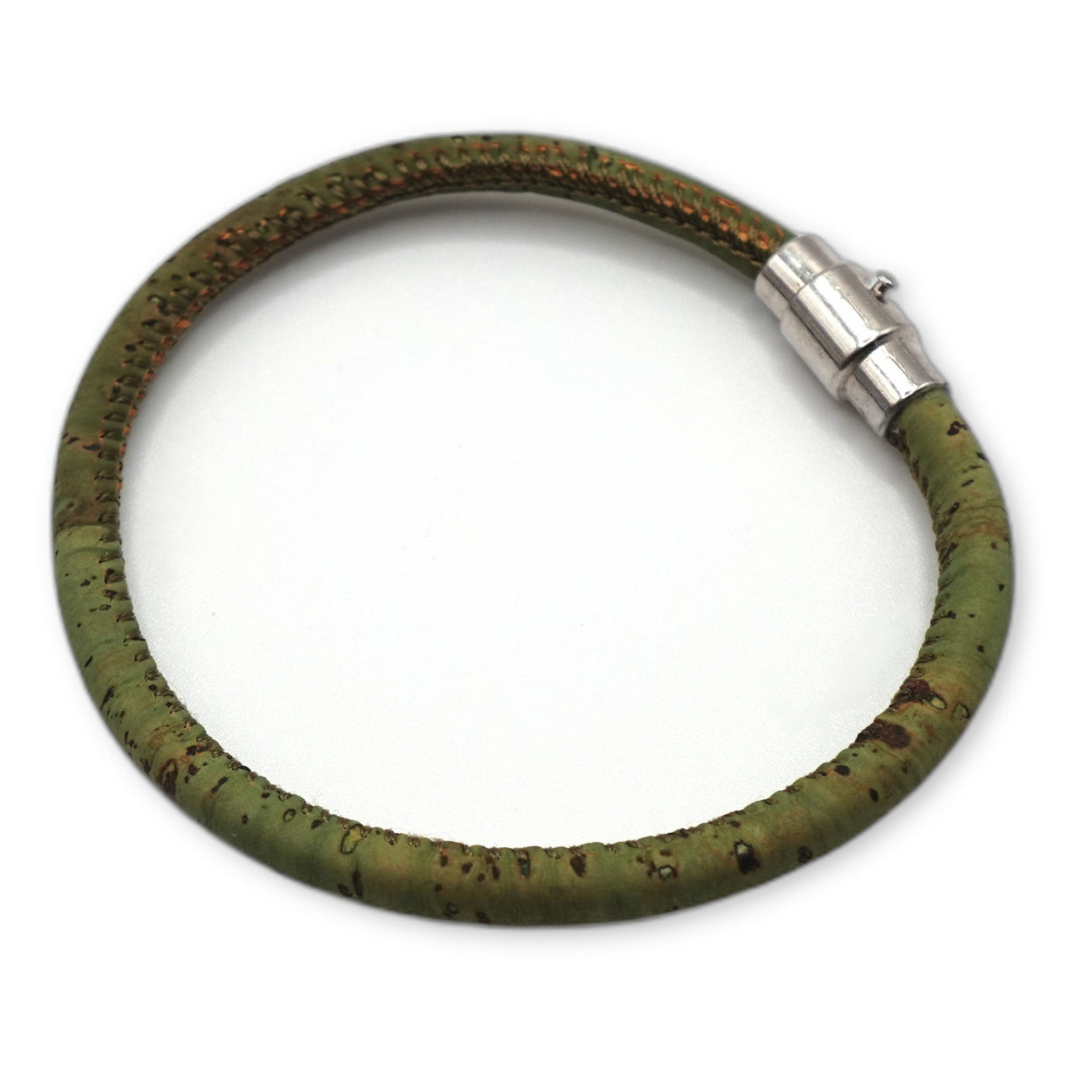 Handcrafted unisex sage green cork single loop bracelet with silver clasp for adults by Every Soul Counts