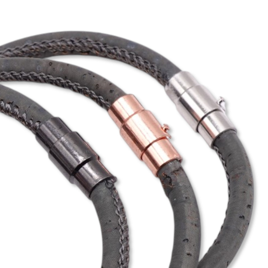 Clasp finish options comparison including Silver, Rose, and Gunmetal for the charcoal cork bracelet by Every Soul Counts.