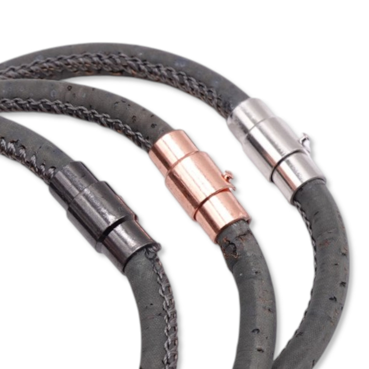 Clasp finish options comparison including Silver, Rose, and Gunmetal for the charcoal cork bracelet by Every Soul Counts.