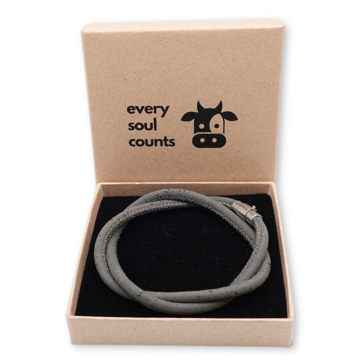 Handcrafted unisex charcoal cork bracelet presented in an Every Soul Counts signature gift box, ready for gifting.