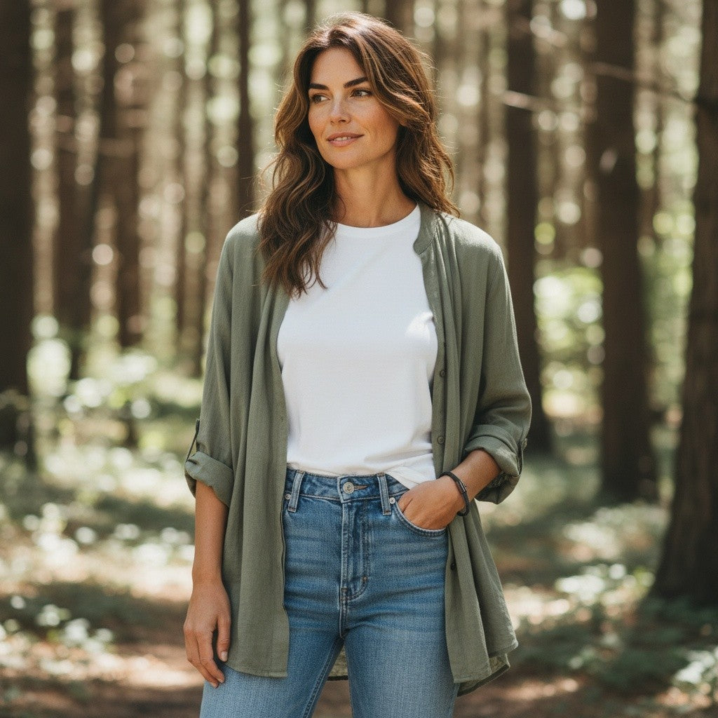 A brunette woman wearing a handcrafted charcoal cork bracelet while standing in a green forest setting, showcasing unisex adult outdoor style by Every Soul Counts.