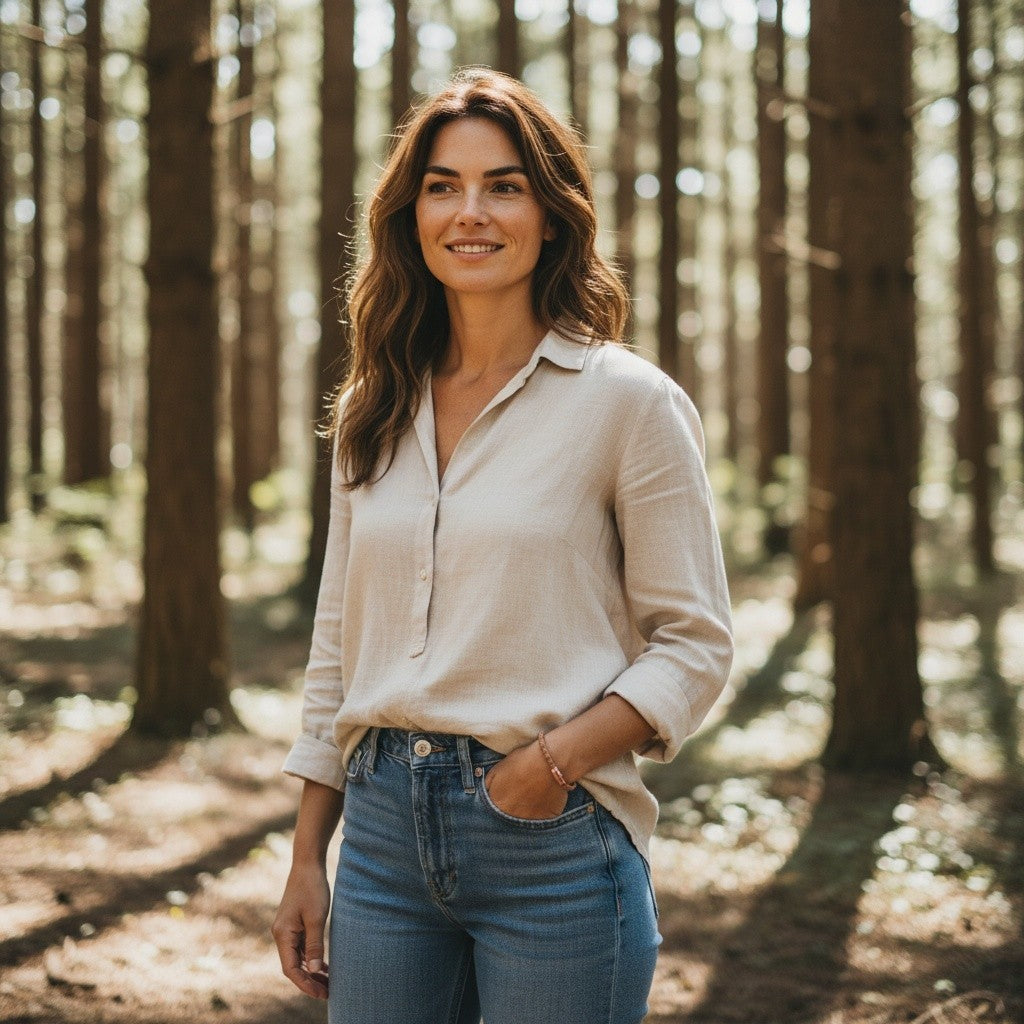 A brunette woman wearing a handcrafted natural cork with gold fleck cork bracelet while standing in a green forest setting, showcasing unisex adult outdoor style by Every Soul Counts.