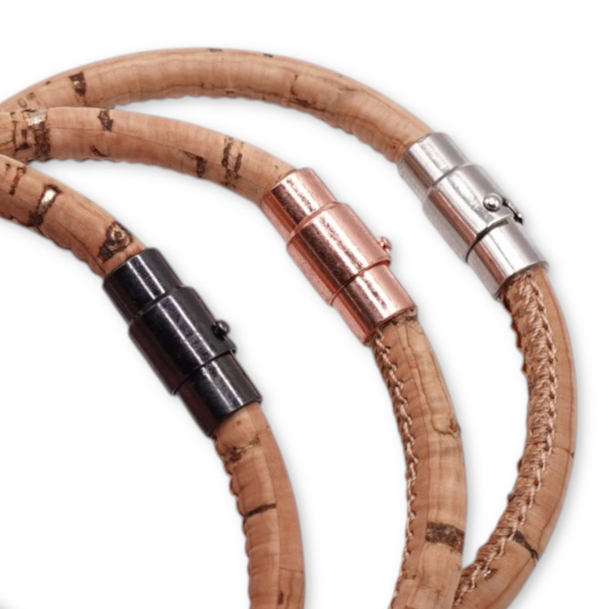 Clasp finish options comparison including Silver, Rose, and Gunmetal for the natural cork with gold fleck cork bracelet by Every Soul Counts.