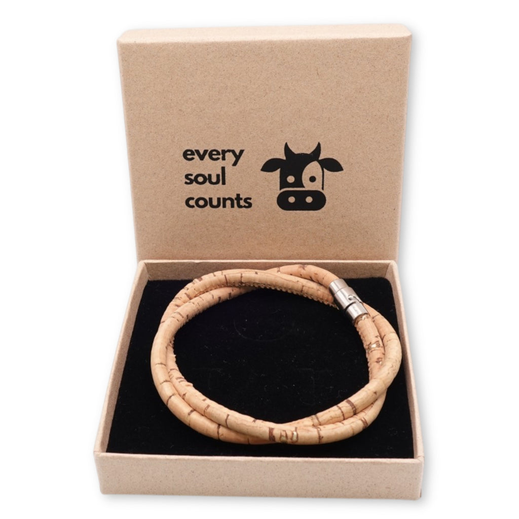Handcrafted unisex natural cork with gold fleck  cork bracelet presented in an Every Soul Counts signature gift box, ready for gifting.