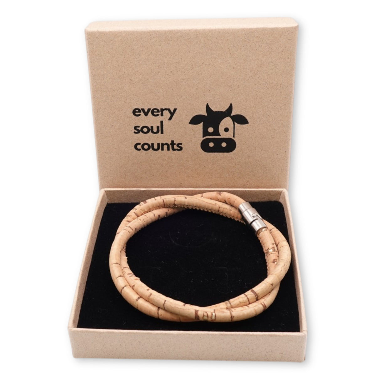 Handcrafted unisex natural cork with gold fleck  cork bracelet presented in an Every Soul Counts signature gift box, ready for gifting.