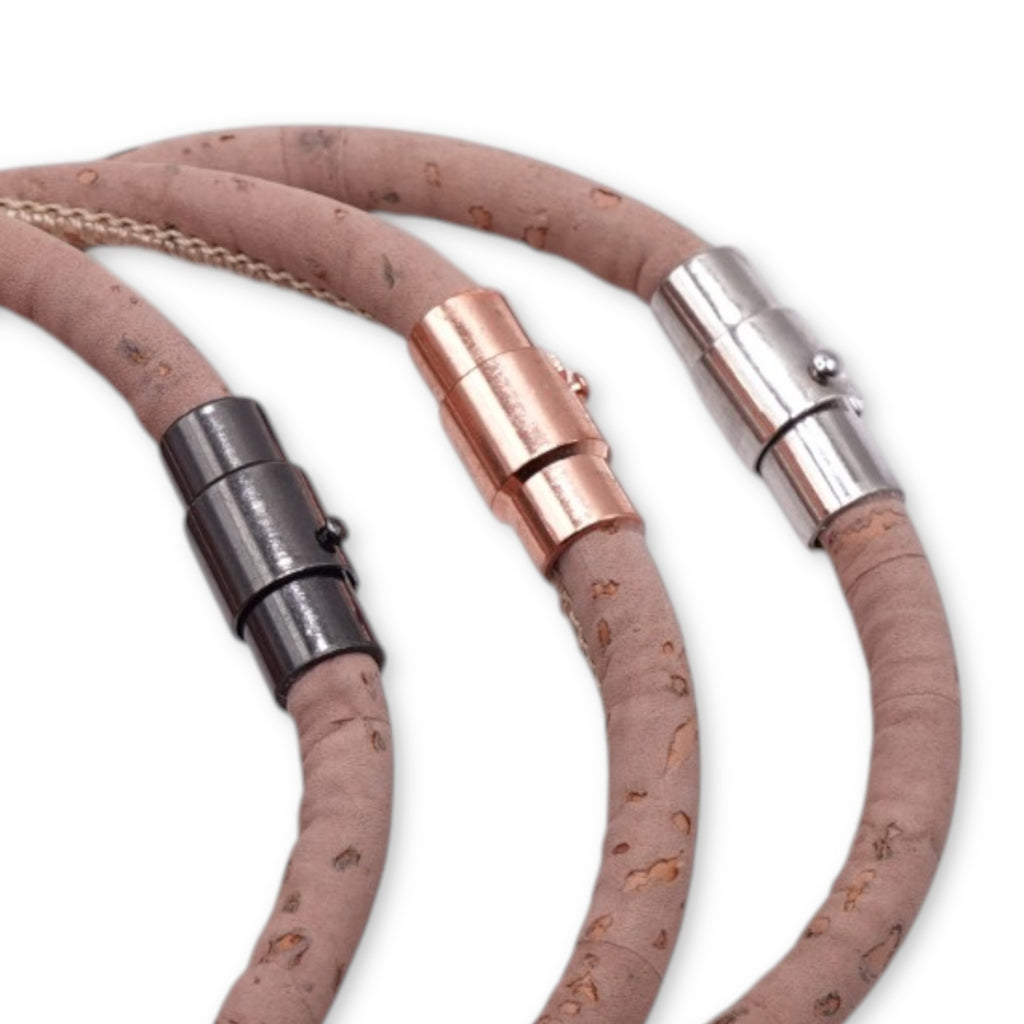 Clasp finish options comparison including Silver, Rose, and Gunmetal for the dusty rose cork bracelet by Every Soul Counts.