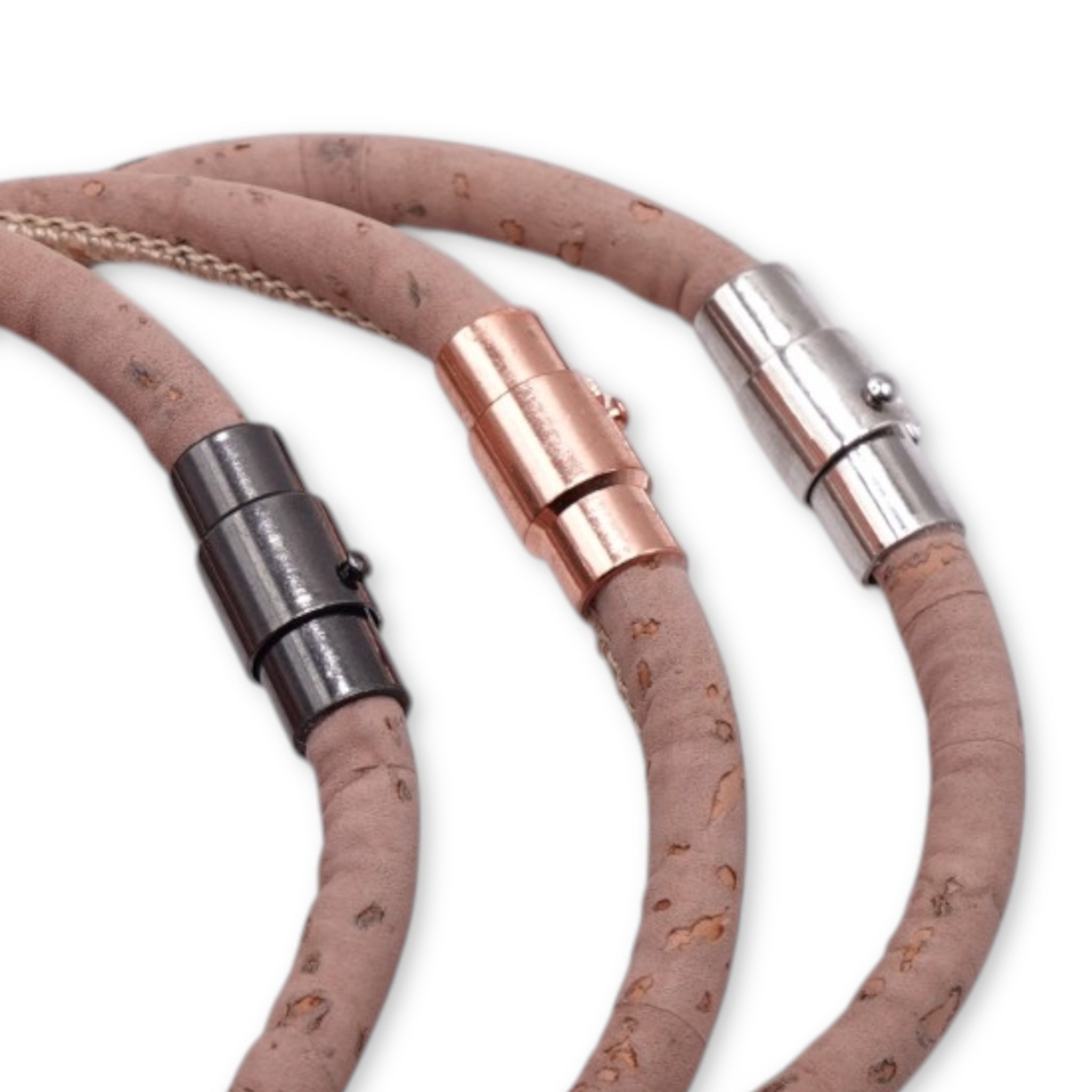 Clasp finish options comparison including Silver, Rose, and Gunmetal for the dusty rose cork bracelet by Every Soul Counts.