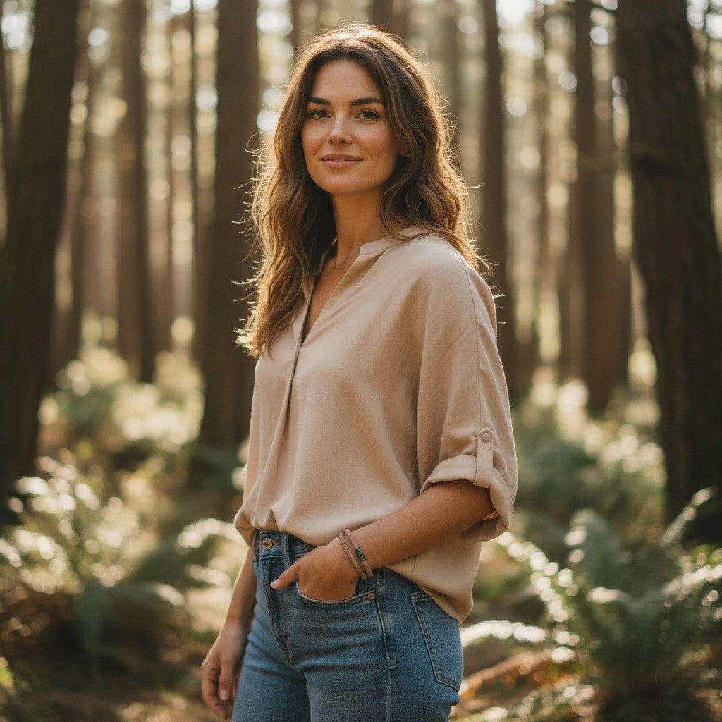 A brunette woman wearing a handcrafted dusty rose cork bracelet while standing in a green forest setting, showcasing unisex adult outdoor style by Every Soul Counts.