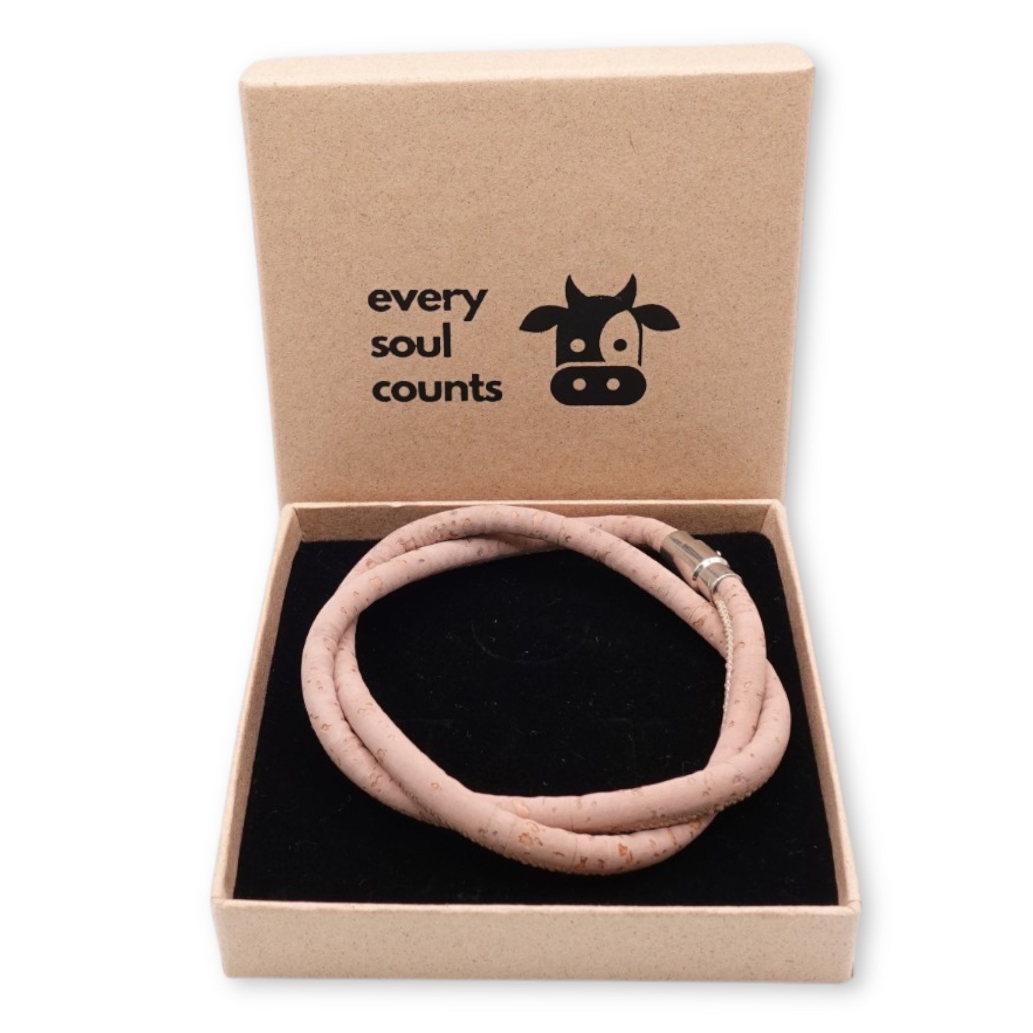 Handcrafted unisex dusty rose cork bracelet presented in an Every Soul Counts signature gift box, ready for gifting.