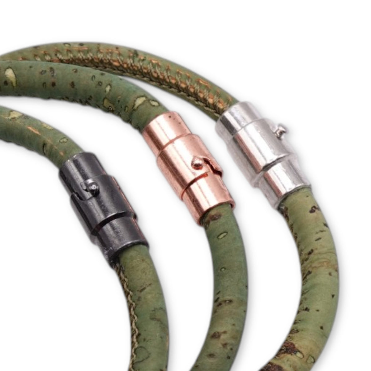 Clasp finish options comparison including Silver, Rose, and Gunmetal for the sage green cork bracelet by Every Soul Counts.
