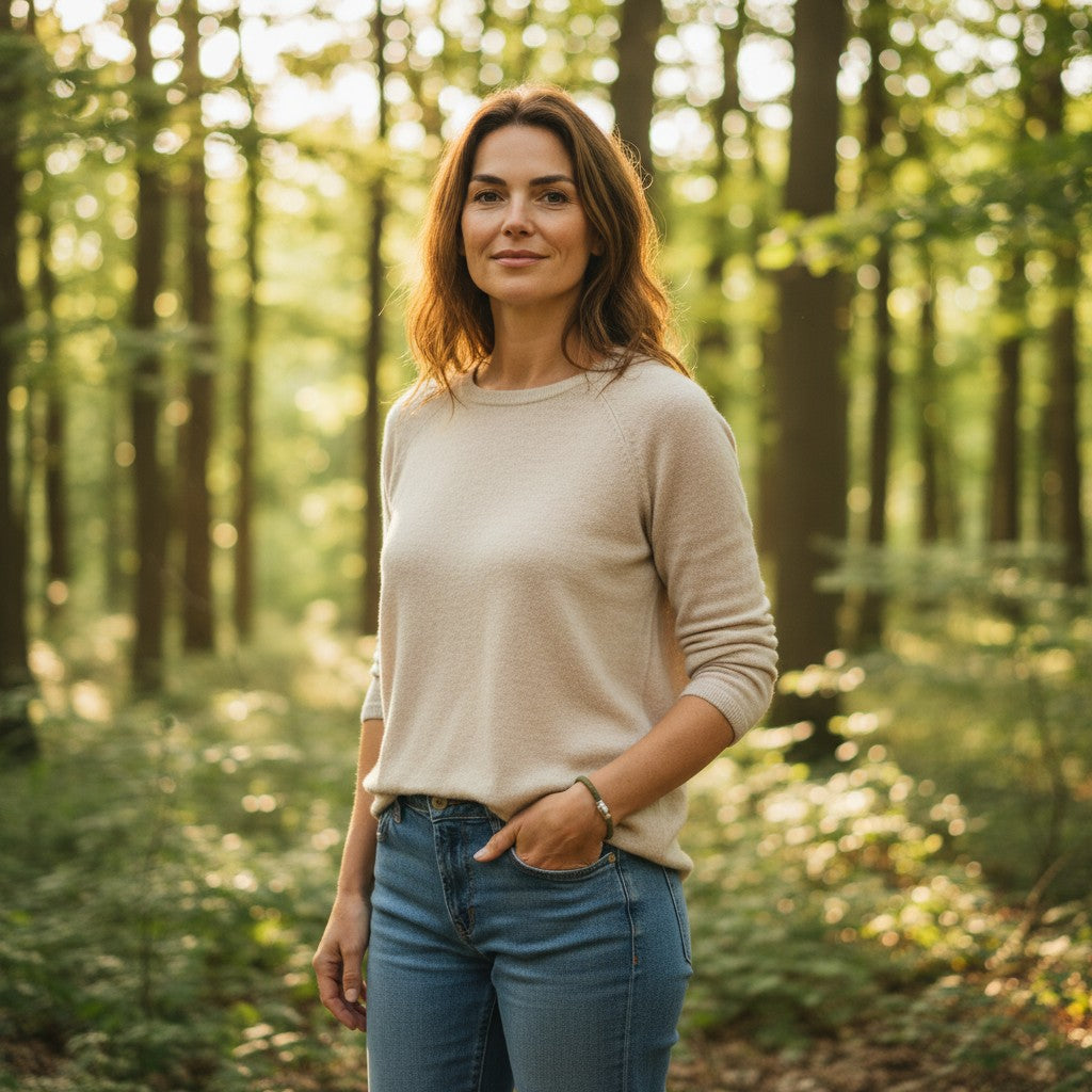 A brunette woman wearing a handcrafted sage green cork bracelet while standing in a green forest setting, showcasing unisex adult outdoor style by Every Soul Counts.