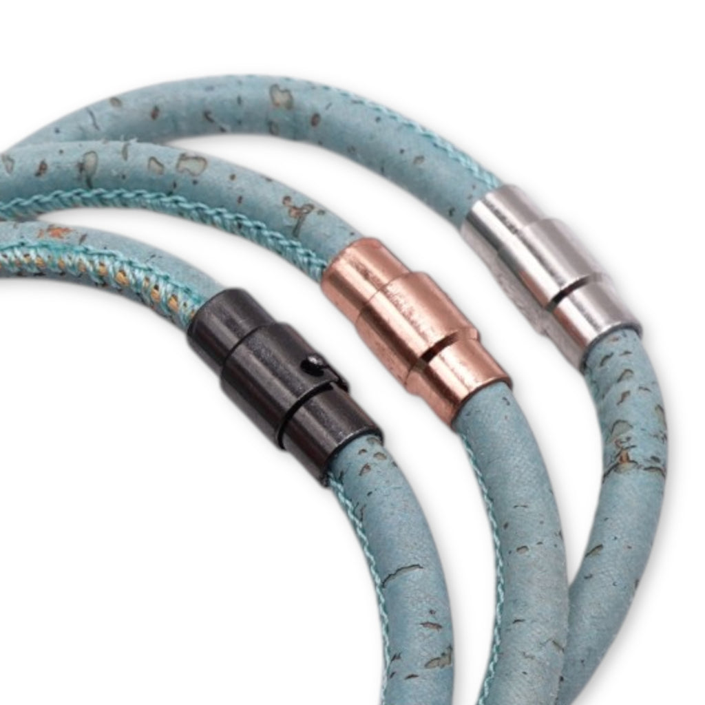Clasp finish options comparison including Silver, Rose, and Gunmetal for the sky blue cork bracelet by Every Soul Counts.