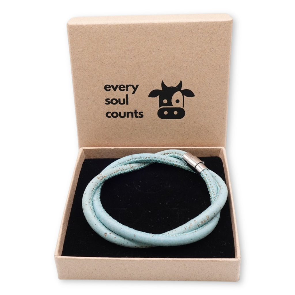 Handcrafted unisex sky blue cork bracelet presented in an Every Soul Counts signature gift box, ready for gifting.