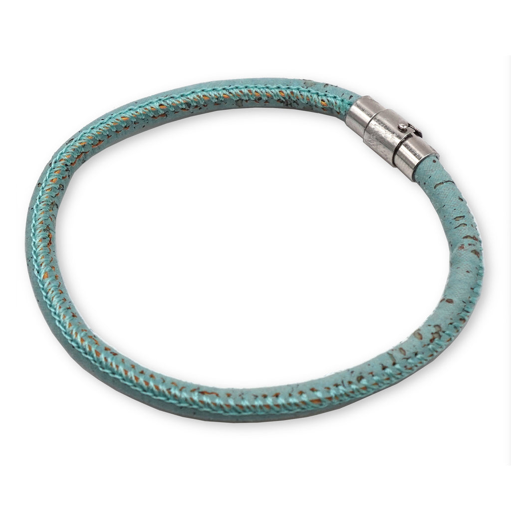 Handcrafted unisex sky blue cork single loop bracelet with silver clasp for adults by Every Soul Counts