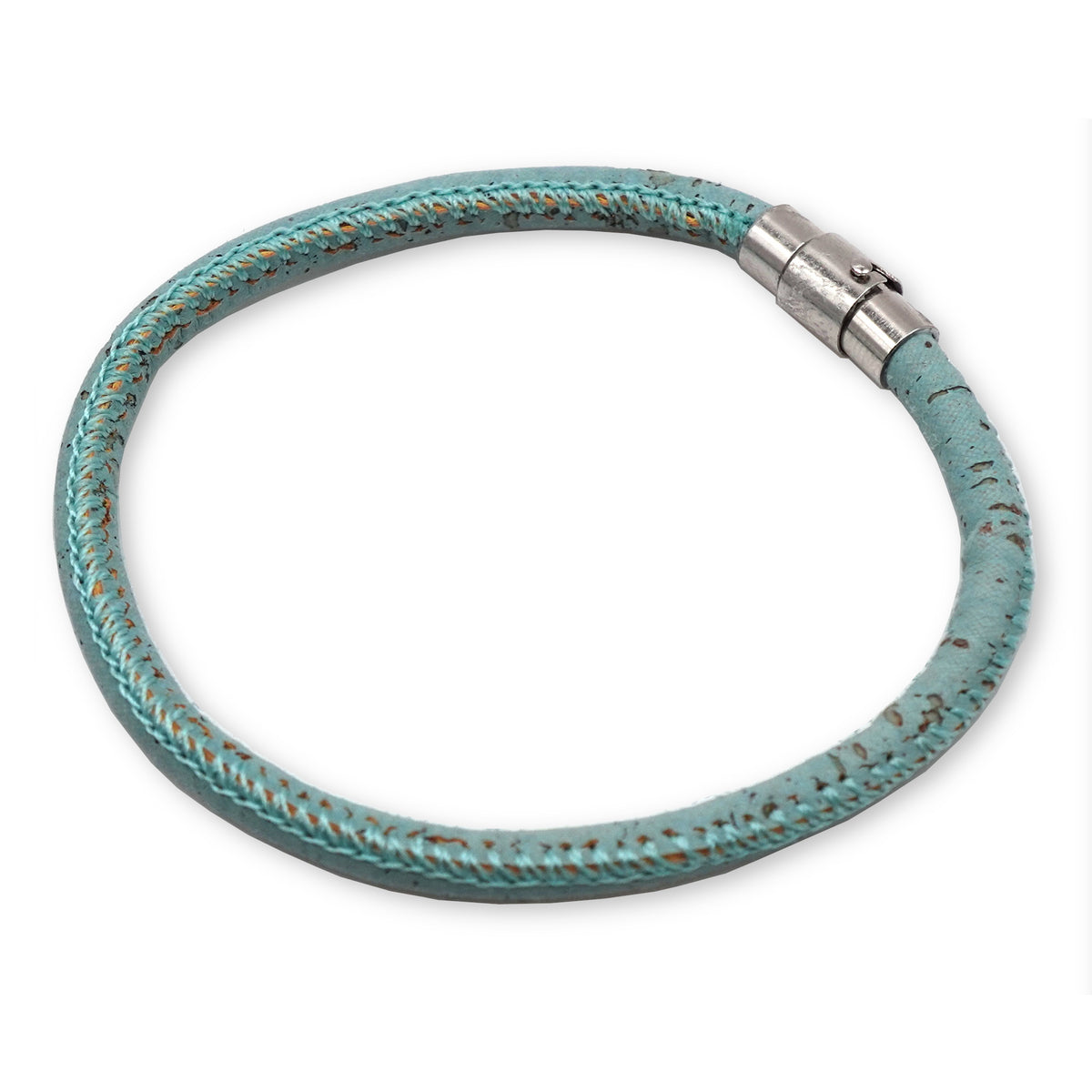 Handcrafted unisex sky blue cork single loop bracelet with silver clasp for adults by Every Soul Counts
