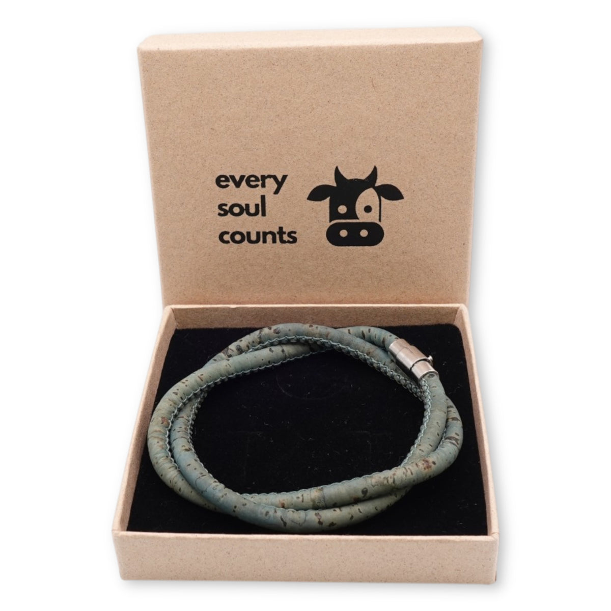 Handcrafted unisex deep teal cork bracelet presented in an Every Soul Counts signature gift box, ready for gifting.