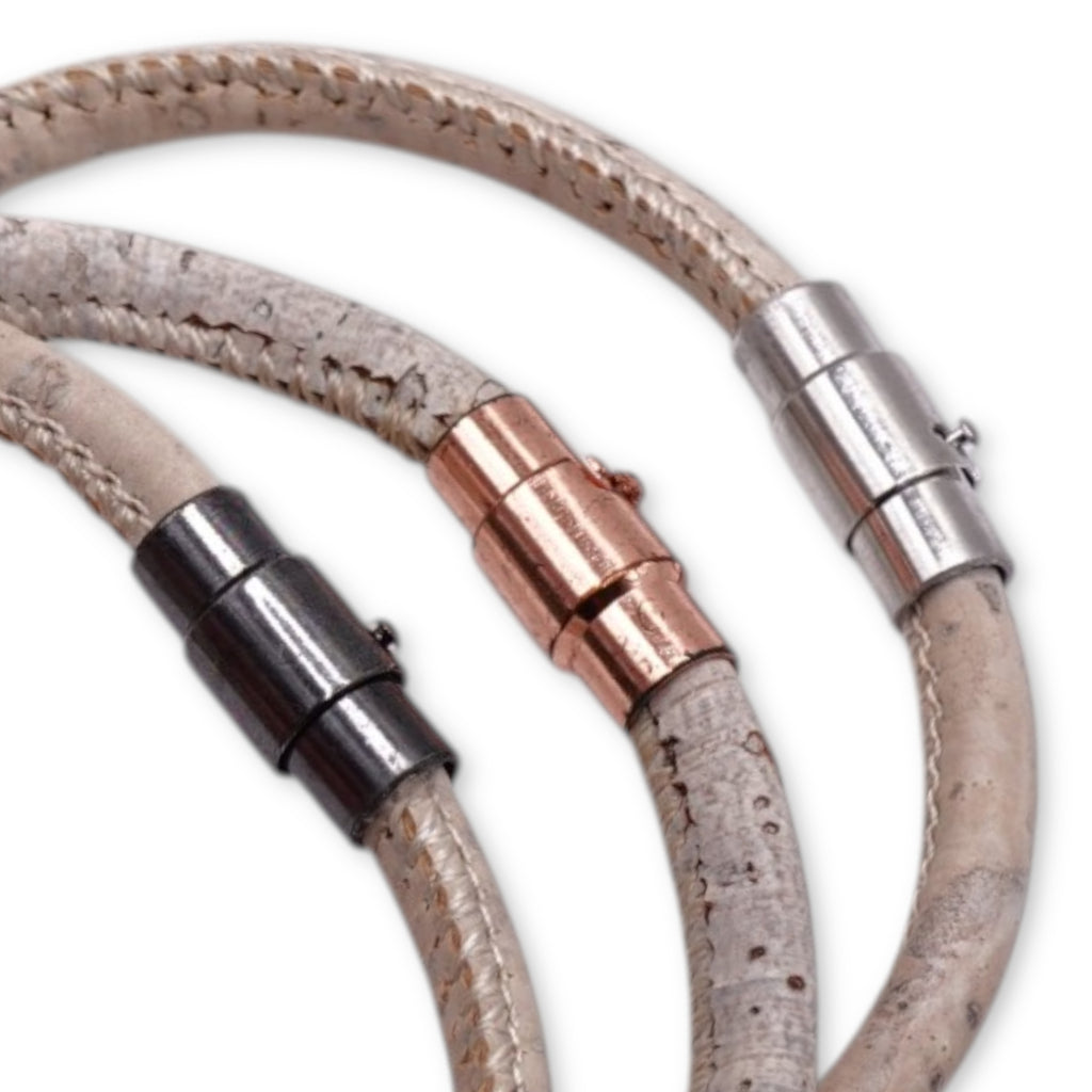 Clasp finish options comparison including Silver, Rose, and Gunmetal for the soft white cork bracelet by Every Soul Counts.