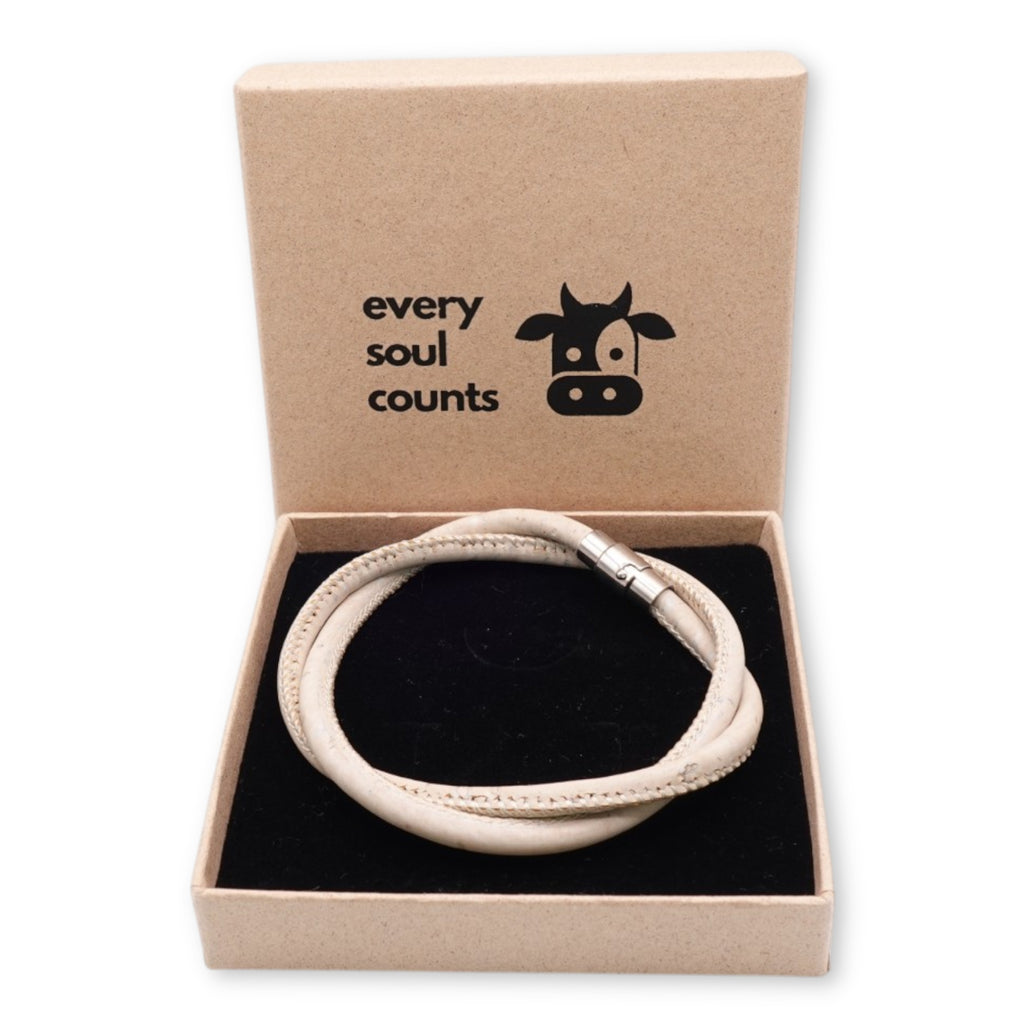 Handcrafted unisex soft white cork bracelet presented in an Every Soul Counts signature gift box, ready for gifting.