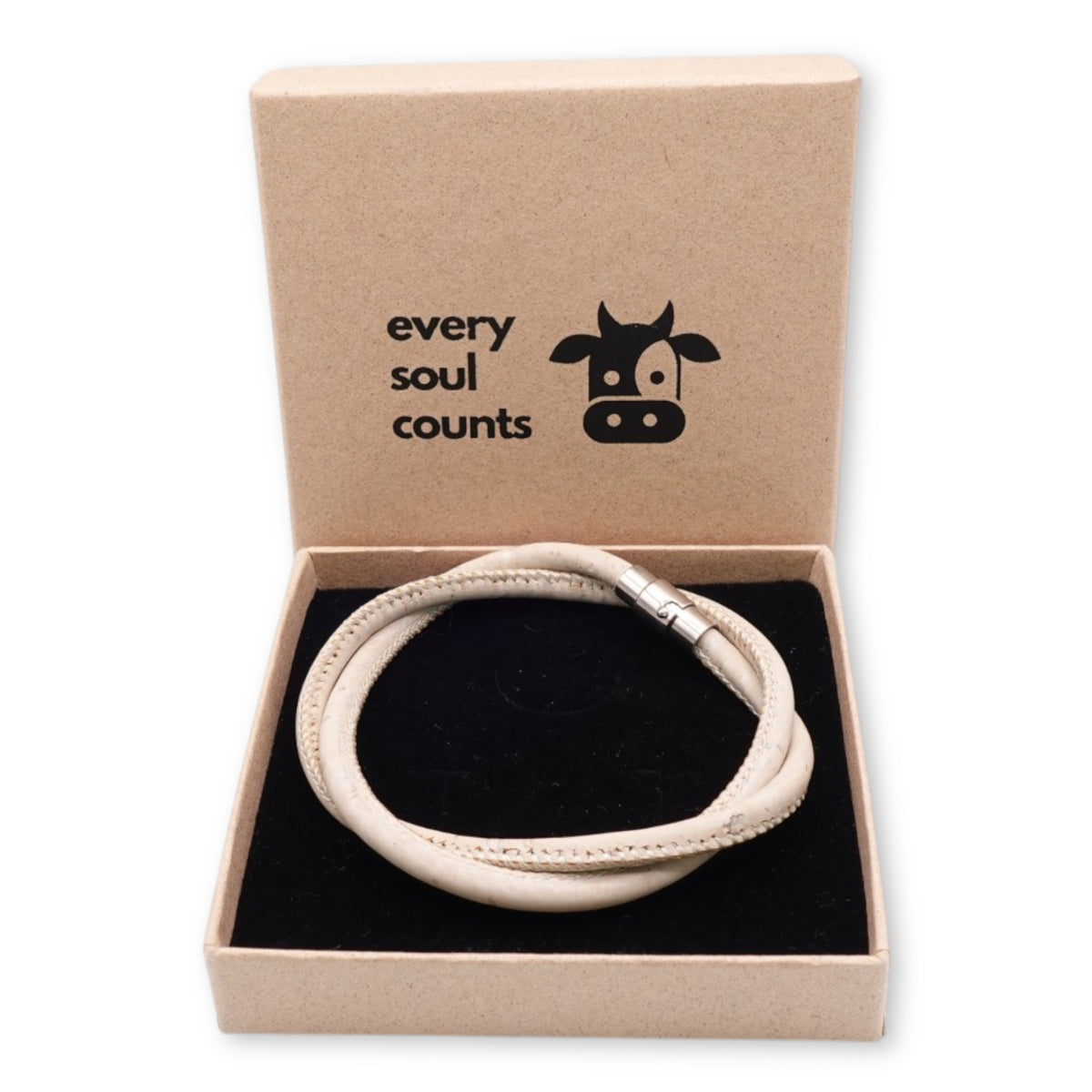Handcrafted unisex soft white cork bracelet presented in an Every Soul Counts signature gift box, ready for gifting.